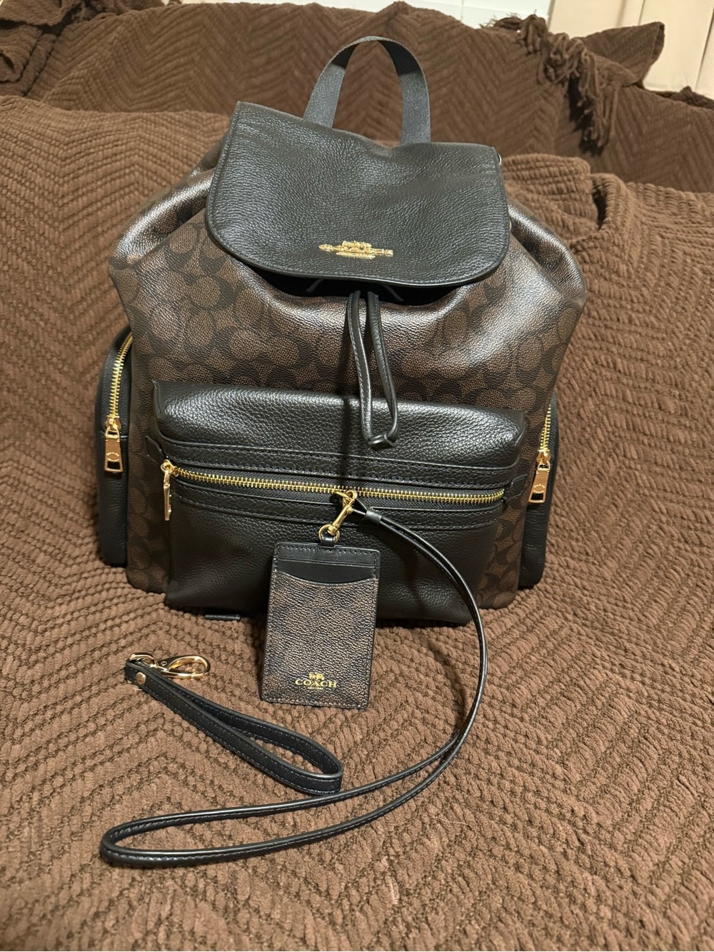 Coach Brown Signature Backpack/Diaper Bag Walnut/Black/Gold with Coach Lanyard